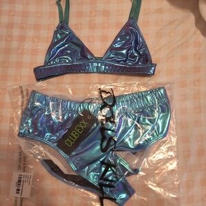 Dolls Kill Holographic Blue Bra Set